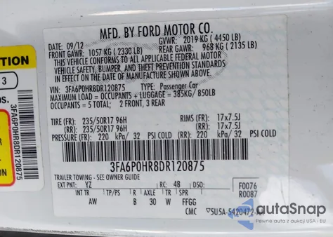 2013 Ford Fusion Se из США, поврежденный, VIN 3FA6P0HR8DR120875